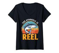 Womens Vintage The Struggle Is Reel Bass Fishing Funny Fisherman V-Neck T-Shirt