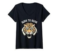 Womens Vintage Tiger Born to Roar Graphic Tee Retro Animal Print V-Neck T-Shirt