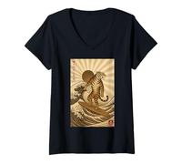 Womens Vintage Tiger Surfing Kanagawa Japanese Ukiyo-e Surfer V-Neck T-Shirt