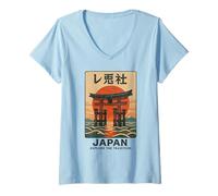 Womens Vintage Torii Gate Art Asia Cool Japanese Poster V-Neck T-Shirt