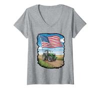 Womens Vintage Tractor with Distressed Flag Design V-Neck T-Shirt