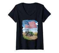 Womens Vintage Tractor with Distressed Flag Design V-Neck T-Shirt