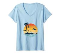 Women's Vintage Tropical Sunset Palm Tree Island Beach Reflection V-Neck T-Shirt