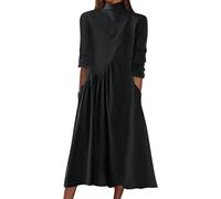 Women's Vintage Turtleneck Dress - Large Size Long Sleeve Irregular Pleated Chic Elegant Loose Fit Casual A Line with Pockets Mid-Length Autumn Winter Evening Dress Party, Black, L