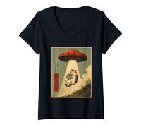 Women's Vintage UFO Abducting Cat Alien Abduction Graphic Men Women V-Neck T-Shirt