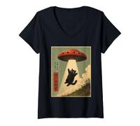 Women's Vintage UFO Abducting Cat Alien Abduction Graphic Men Women V-Neck T-Shirt