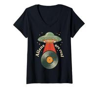 Women's Vintage UFO Abduction Vinyl Record Player Retro Music Lover V-Neck T-Shirt