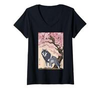 Womens Vintage Ukiyo-e Art Japanese wolf Cherry Blossom Pink V-Neck T-Shirt