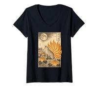 Womens Vintage Ukiyo-e Japanese Mythology Fox Sumi-e V-Neck T-Shirt