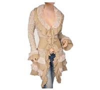 Womens Vintage V Neck Ruffled Asymmetric Cardigan Sweater Outwear Coat, Light Khaki, One Size