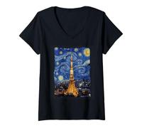 Women's Vintage Van Gogh Tokyo Tower Starry Night Art V-Neck T-Shirt