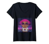 Women's Vintage Vaporwave 80s Retro Sunset Palm Tree Capybara V-Neck T-Shirt