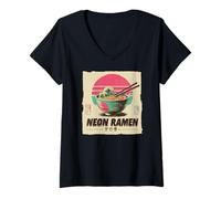 Womens Vintage Vaporwave 80s Style Japanese Ramen Great Wave Art V-Neck T-Shirt