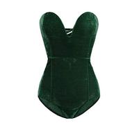 Women's Vintage Velvet Bodysuit Deep V Strapless Sexy Cross Back Lace Up Bodycon Jumpsuit Sexy Bodysuit Tube Top (A-Green, S)