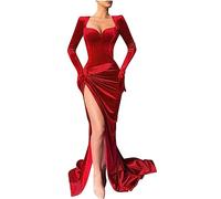 Womens Vintage Velvet Dress Elegant Sweetheart Neck Long Sleeve with Gloves Wrap Bodycon Ruched Maxi Party Cocktail Dresses Bridesmaid Wedding Guest Dress Autumn Winter Outfits Red