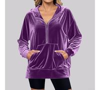 Womens Vintage Velvet Hoodie Loose Fit Pullover Sweatshirt Long Sleeve Hooded Top with Soft Fleece Warm Winter Half Zip Plain Colour Oversized Casual Hoodies(M Purple)