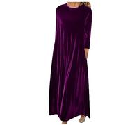 Women's Vintage Velvet Maxi Dress - Long Sleeves, Casual Loose Fit, Elegant Bridesmaid Dress - Solid Color, Plus Size, Purple