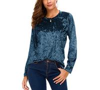 Women's Vintage Velvet T-Shirt Casual Long Sleeve Top (M, Blue)