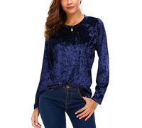 Women's Vintage Velvet T-Shirt Casual Long Sleeve Top, Navy Blue, XXL