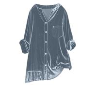 Women's Vintage Velvet T-Shirt Casual Long Sleeve Top Velvet Tops for Women Vintage Button Down Shirts Blouse for Pocket (A-Grey, XXL)