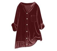 Women's Vintage Velvet T-Shirt Casual Long Sleeve Top Velvet Tops for Women Vintage Button Down Shirts Blouse for Pocket (A-Wine, XXXXXL)
