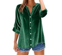 Women's Vintage Velvet T-Shirt Casual Long Sleeve Top Velvet Tops for Women Vintage Button Down Shirts Blouse for Pocket (B-Green, L)