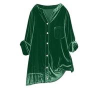 Women's Vintage Velvet T-Shirt Casual Long Sleeve Top Velvet Tops for Women Vintage Button Down Shirts Blouse for Pocket (A-Green, XXL)