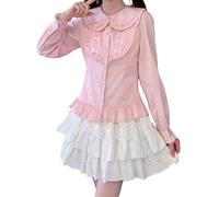 Women's Vintage Victorian Blouse Sweet Bows Doll Collar Long Sleeve Shirts Button Down Ruffle Lolita Cute Blouses, Pink, M