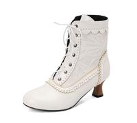 Women's Vintage Victorian Boots Mid Calf Lace-Up Boots Zip Costume Renaissance Shoes Mid Heel Wedding Dress Boots Witch Costume, White, 7 UK