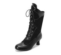 Women's Vintage Victorian Boots Mid Calf Lace-Up Boots Zip Costume Renaissance Shoes Mid Heel Wedding Dress Boots Witch Costume, 03 Black, 9 UK