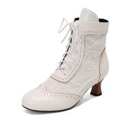 Women's Vintage Victorian Boots Mid Calf Lace-Up Boots Zip Costume Renaissance Shoes Mid Heel Wedding Dress Boots Witch Costume, 01 white, 7 UK