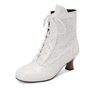 Women's Vintage Victorian Boots Mid Calf Lace-Up Boots Zip Costume Renaissance Shoes Mid Heel Wedding Dress Boots Witch Costume, 02 white, 5 UK