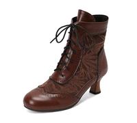 Women's Vintage Victorian Boots Mid Calf Lace-Up Boots Zip Costume Renaissance Shoes Mid Heel Wedding Dress Boots Witch Costume, 01 Brown, 7 UK