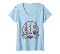 Womens Vintage Victorian Botanical Foxglove Daisy Tulip Floral V-Neck T-Shirt
