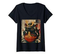 Womens Vintage Warrior Japanese Samurai Cat Eating Ramen V-Neck T-Shirt