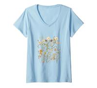 Womens Vintage Wildflower Embroidery Botanical V-Neck T-Shirt