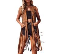 Women's Vintage Y2K Festival Vest Soft Faux Suede Western Waistcoat, 70s Hippie Style with Long Fringe & Tassels, Sleeveless Open Front Boho Top Brown