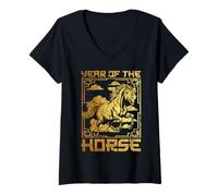 Womens Vintage Year of The Horse Chinese New Year 2026 Lunar Zodiac V-Neck T-Shirt