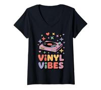 Womens Vinyl Vibes - Colorful Record Player Floating with Stars V-Neck T-Shirt