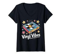 Womens Vinyl Vibes - Colorful Record Player Floating with Stars V-Neck T-Shirt