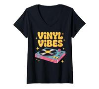 Womens Vinyl Vibes - Colorful Record Player Floating with Stars V-Neck T-Shirt