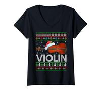 Womens Violin Ugly Christmas Sweaters Orchestra Violin Player Music V-Neck T-Shirt