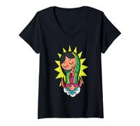 Womens Virgen de Guadalupe Cartoon Cute Chibi Virgin Mary V-Neck T-Shirt