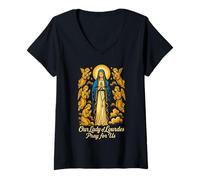 Womens Virgin of Lourdes Prayer Faith Catholic Spiritual V-Neck T-Shirt