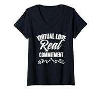 Womens Virtual Love, Real Commitment Relationship LDR Couples V-Neck T-Shirt