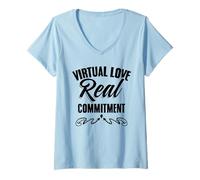 Womens Virtual Love, Real Commitment Relationship LDR Couples V-Neck T-Shirt