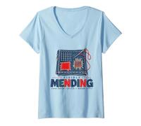Women's Visible Mending Patch Stitch Repeat Textile Craft Stitching V-Neck T-Shirt
