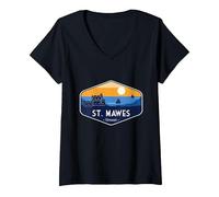 Women's Visit Cornwall. St. Mawes Castle V-Neck T-Shirt, Black, X-Large