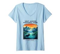 Women's Visit Jasper National Park Alberta Canada Retro Moose V-Neck T-Shirt