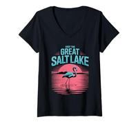 Womens Visit The Great Salt Lake Flamingo Pink Utah Sunset Tourist V-Neck T-Shirt